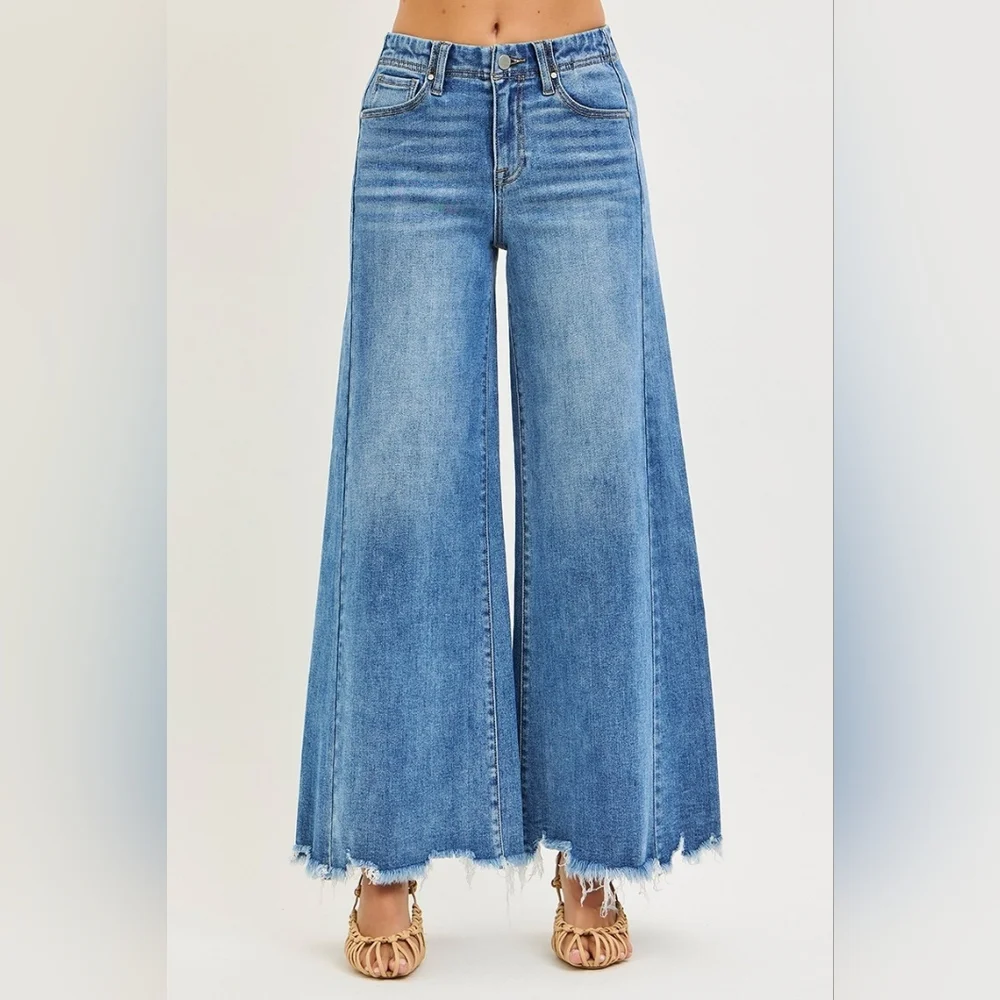 Risen High Rise Slim Fit Ultra Wide Leg Jeans Retro Frayed Raw Hem Denim Pants - Picture 12 of 15